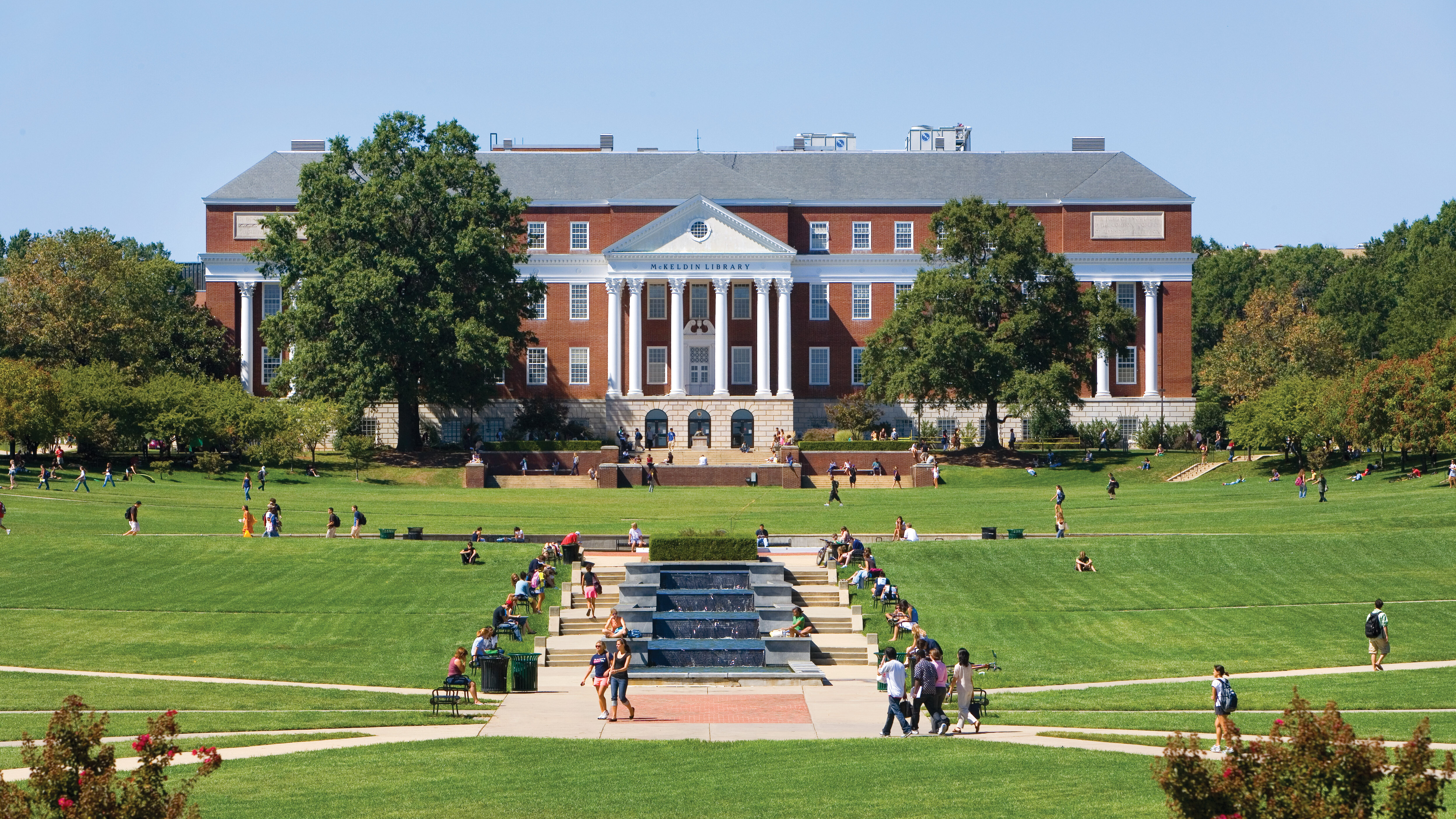 McKeldin Library and the fountain-lined lawn at the University of Maryland, College Park